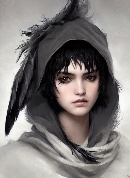 Image similar to a teenage girl with very short black hair and a huge cloak made of grey and black feathers. beautiful highly detailed face. beautiful painting by artgerm and greg rutkowski and raymond swanland