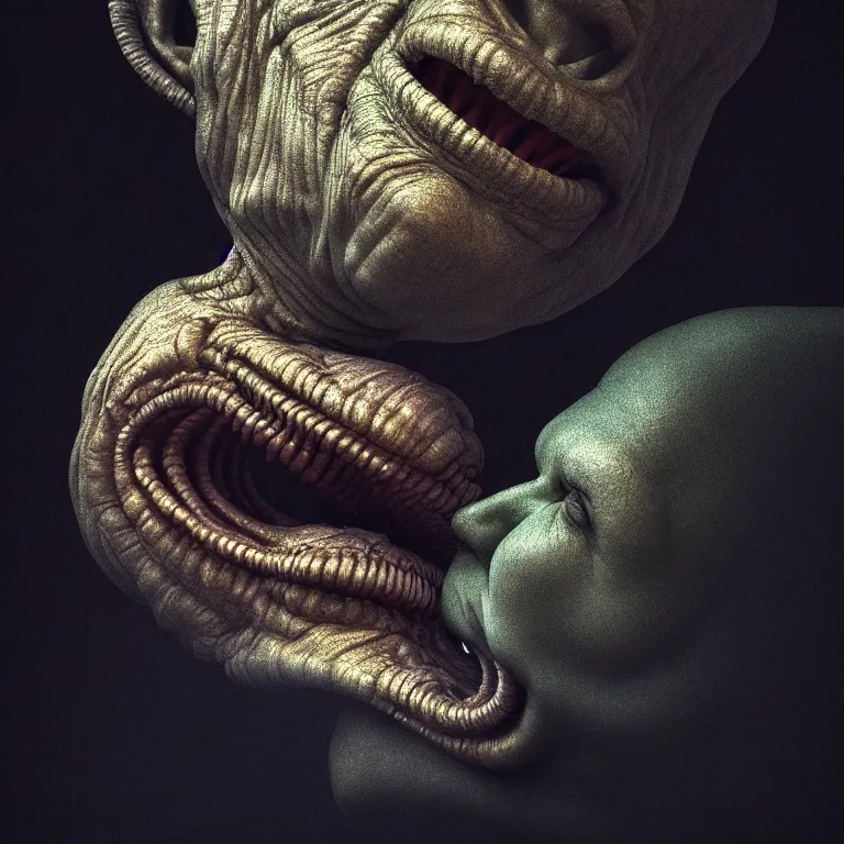 Image similar to closeup portrait of ribbed alien kissing hominidae, lucid dream - like heavy atmosphere, baroque painting, harsh flash photo, perfect composition, detailed octane render trending on artstation, 8 k artistic photography, volumetric cinematic perfect light, chiaroscuro, masterpiece, raphael, caravaggio, beksinski, rutkowski, beeple