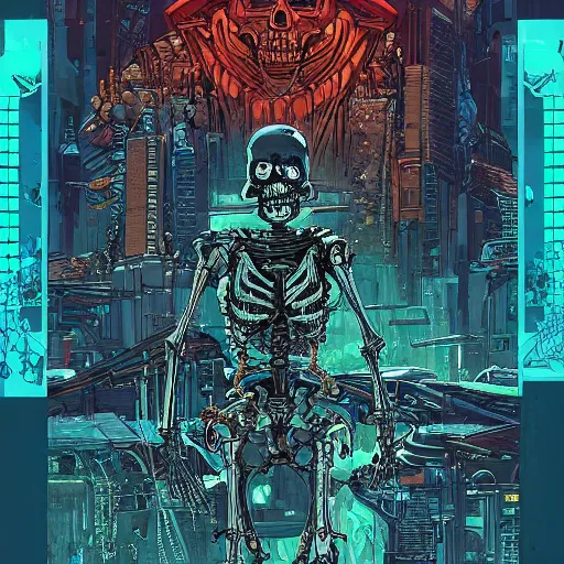 Prompt: portrait of a cybernetic evil undead skeleton sorcerer, cyberpunk concept art by josan gonzales and moebius and enki bilal and and dan mumford and jean claude meziere and philippe druilleg