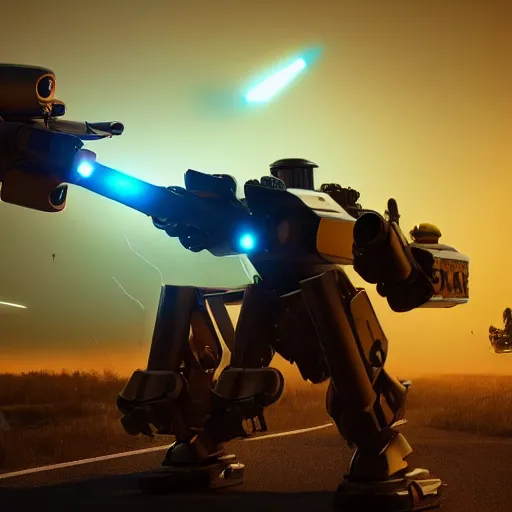 Prompt: Giant police mech fires rockets at fleeing car, color, cinematic lighting, highly detailed, octane render