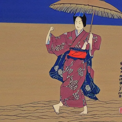 Image similar to Beautiful Japanese woman running from an old samurai on the beach Toshio Saeki, high detailed