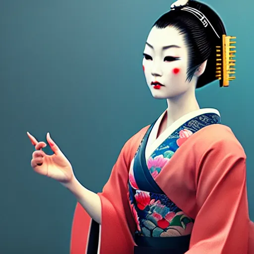 Image similar to an android geisha in a lotus position wearing a flowing kimono and tattoos, octane render, unreal engine, 8 k, cinematic, artwork by ilya kuvshinov