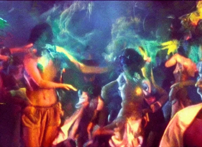 Image similar to wild underground carnival dance scene from a 7 0's movie by chris cunningham, kenneth anger and alejandro jodorowsky : : smoke effects, technicolor color scheme, close - up of the actors'faces