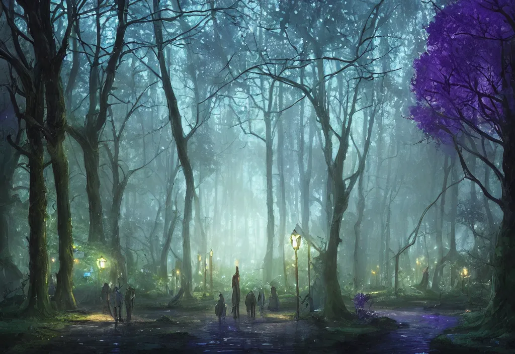 Image similar to Lothlorien at night, very dark with green lights, blue lights and purple lights, elven forest town with houses up in the trees, oil painting, dramatic lighting, Jakub Kasper, Makoto Shinkai, Simon Stålenhag, hyperrealistic, cinematic, elegant, intricate