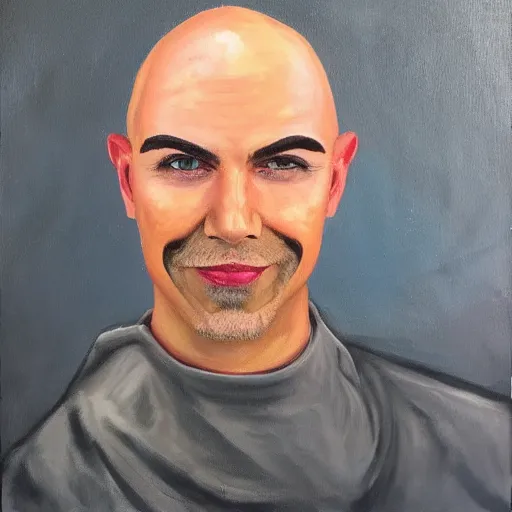 Image similar to a bald man from ohio living in michigan and he has drama queen eyebrows, hyperrealistic painting