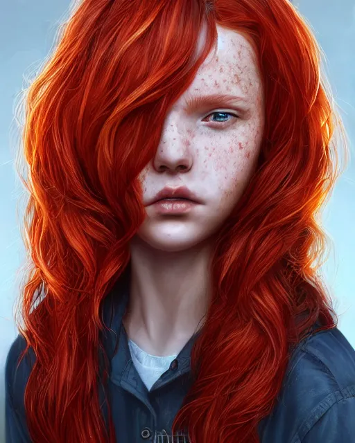 Image similar to portrait of 1 4 - year - old girl with flaming red hair, a lot of freckles, and bright brown eyes, wearing shirt, hyper realistic face, beautiful eyes, character art, art by mark brooks, hyperdetailed, cryengine, trending on artstation, digital art