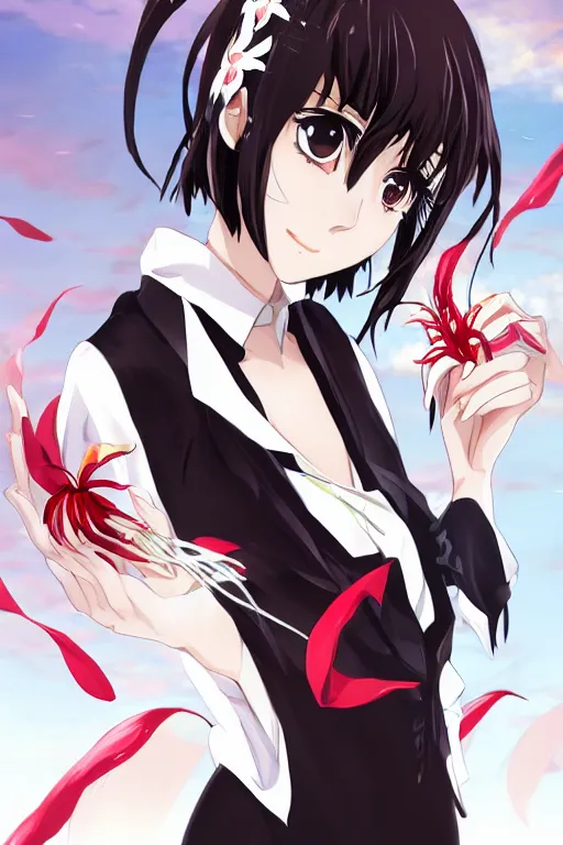 Image similar to Key anime visual of a beautiful girl with black hair and red eyes holding a spider lily; wearing white blouse with black tie; trending on Pixiv; digital art