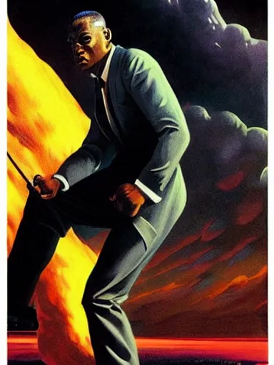 Image similar to pulp magazine illustration of a black man in a suit smoking, cinematic view, dynamic lighting, volumetric lighting, mysterious highly detailed, smooth, digital painting, symmetrical, art by vincent di fate, kehinde wiley, artem demura, frazetta