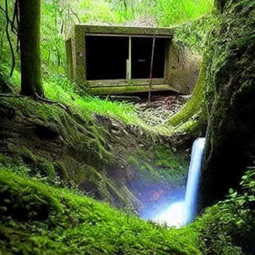 Prompt: abandoned, overgrown, underground bunker, room with waterfall and lake, beautiful, underground