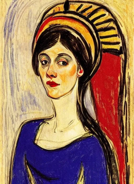 Image similar to portrait of young woman in renaissance dress and renaissance headdress, art by edvard munch