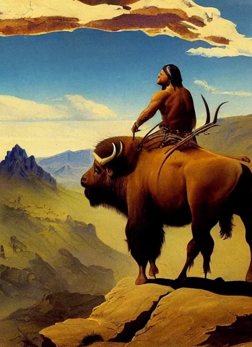 Image similar to native american riding bison, buffalo, native american warrior, mountain range, beautiful sky, standing on the edge of a cliff, 1 9 th century, painted by frazetta