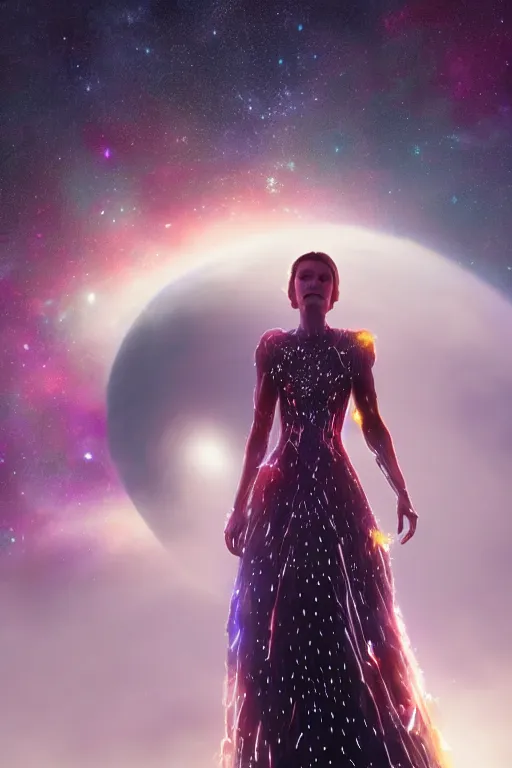 Image similar to a woman, wearing a dress made of stars and nebulae, dramatic, volumetric lighting, planets in the background, smooth, sharp focus, very detailed, by greg rutkowski, artstation, tom badshaw, 8 k, symmetrical face