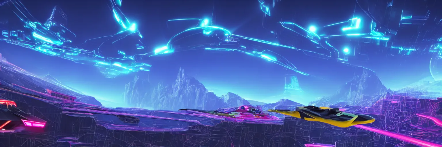 Prompt: f - zero, ships, tron in the mountain with neon light futuristic hyper realistic cinematic view of floating castle hanging by chains in the air, in between a gorge, below only cloud dark void, structured by chains and cables on base, soap bubble, contrast, metallic, 8 k resolution