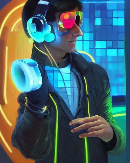 Image similar to future coder man looking on, sleek cyclops display over eyes and sleek bright headphoneset, neon accent lights, holographic colors, desaturated headshot portrait digital painting by dean cornwall, rhads, john berkey, tom whalen, alex grey, alphonse mucha, donoto giancola, astronaut cyberpunk electric