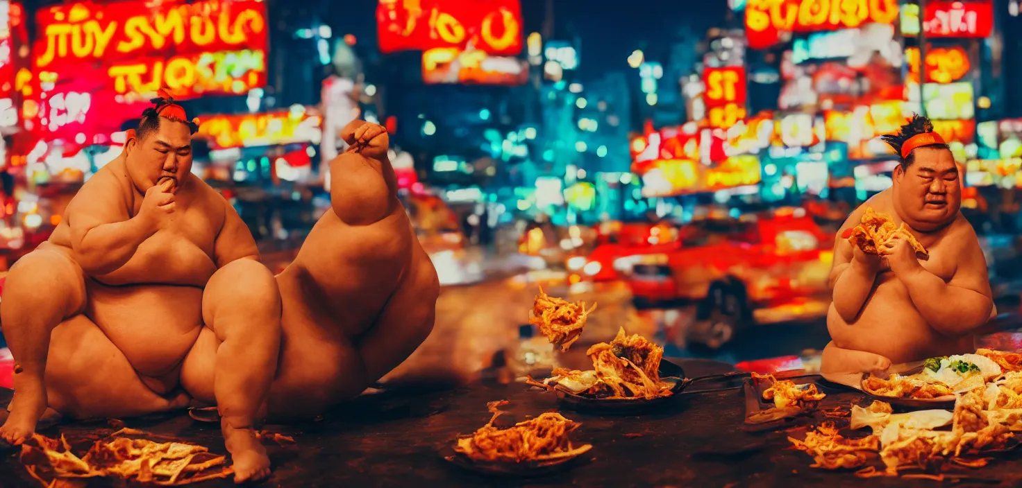 Image similar to sumo wrestler eating crispy tacos with hot sauce, photo realism, bokeh background, neon lights, city background, high definition, slr