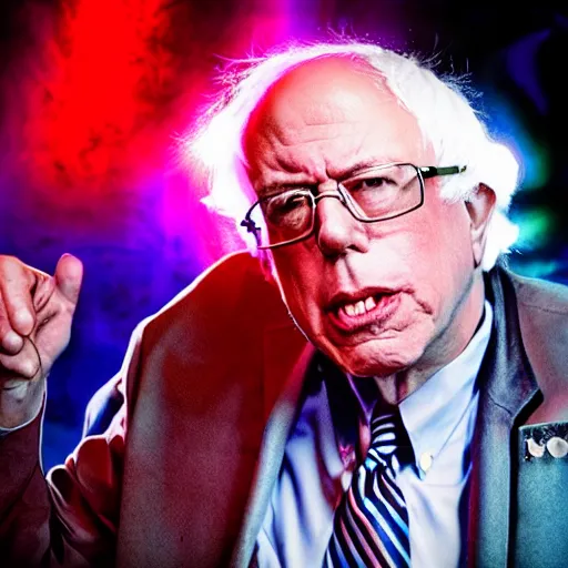 Image similar to Bernie Sanders as a famous rock musician with lots of saturated neon lights, studio photograph for his new hair metal album