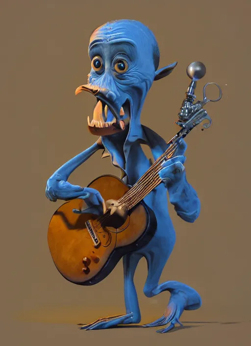 Prompt: a cute sharply dressed goblin playing the blues on an old guitar, in the style of boris valejo and man ray and terry gilliam, fantastic, dramatic lighting, smoke, mist, forest, hyperrealistic, detailed, octane render