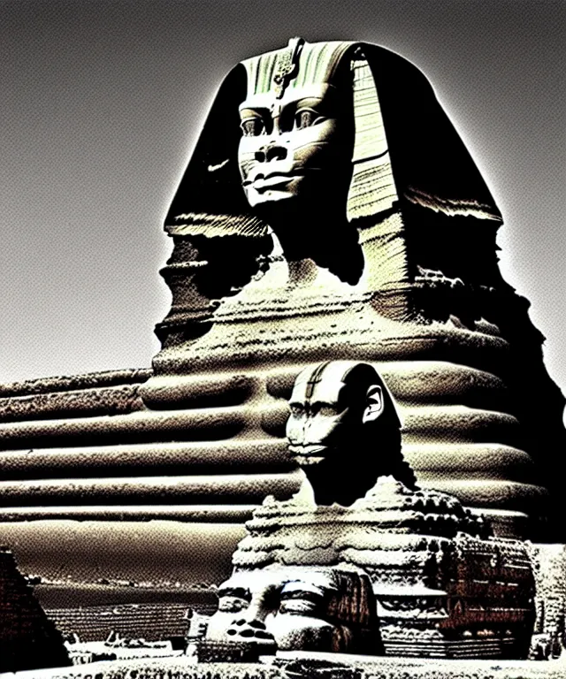 Prompt: epic professional digital art the sphinx, horrific yet beautiful vibe, evocative, atmospheric lighting, 1 9 7 0's album cover sharp focus, cinematic, masterpiece