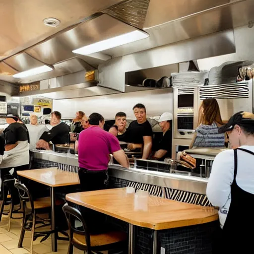 Image similar to busy wafflehouse interior with customers eating breakfast and wafflehouse employees serving food and cooking behind countertop