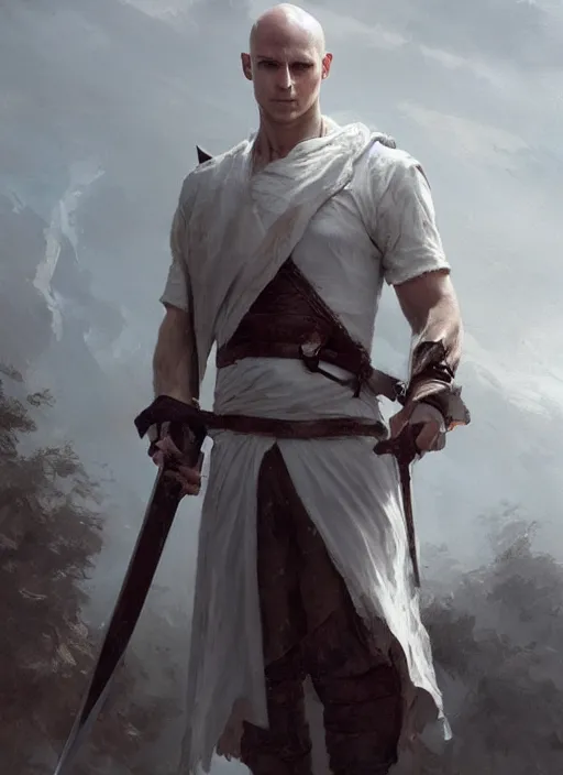 Image similar to a young man with wide, intense eyes. he is bald and clean shaven, dressed entirely in white and holding a huge sword. painting by greg rutkowski and raymond swanland