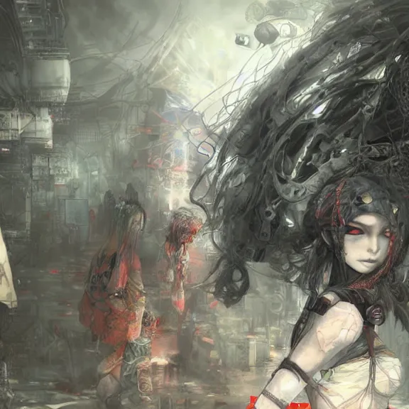 Image similar to cybergoth, tankoban, 4 k, tone mapping, akihiko yoshida, james jean andrei riabovitchev marc simonetti, yoshitaka amano, long hair, curly, h. hydrochaeri