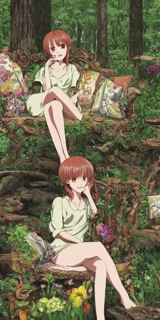 Image similar to a queen of good vibes sitting by herself on a sofa in a forest, drawn by CloverWorks, intricate detail