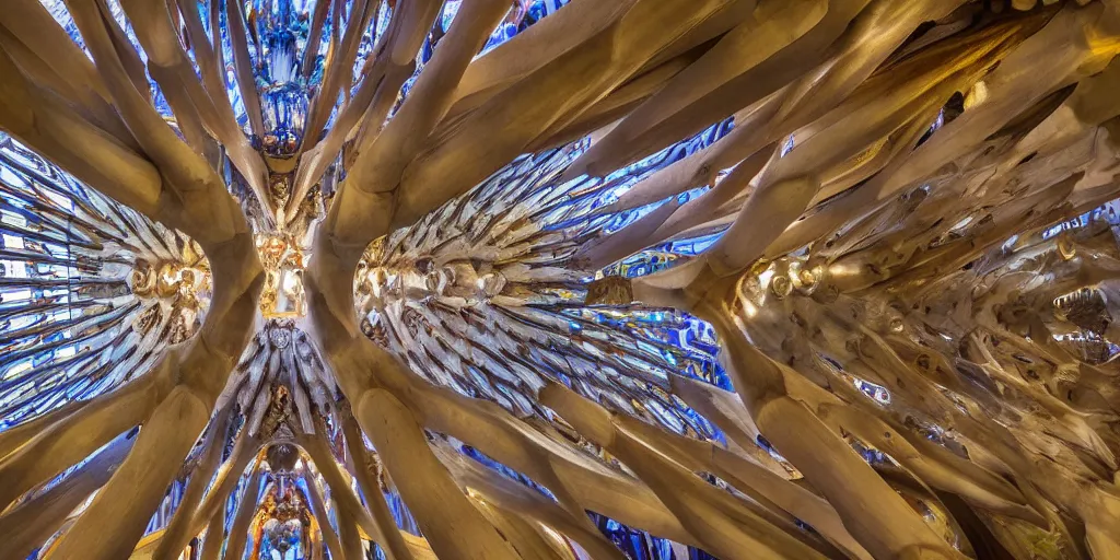 Image similar to sculpted Sagrada Familia ceiling by Antoni Gaudi, symmetrical, volumetric light