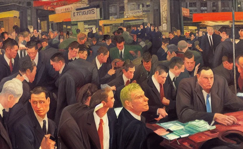 Image similar to Oil painting of mens in newyork stock exchange trading floor bearish markets droped fighting each other by Lucian Freud, Abstract brush strokes, Masterpiece, Edward Hopper and James Gilleard, Zdzislaw Beksinski, Mark Ryden, Wolfgang Lettl highly detailed, hints of Yayoi Kasuma