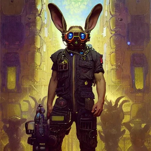 Prompt: portrait of a rabbit wearing a jumpsuit. shadowrun furaffiniy cyberpunk fantasy highly detailed painting by gaston bussiere craig mullins jc leyendecker gustav klimt artgerm greg rutkowski john berkey, bergey, craig mullins, ruan jia, raymond swanland, jeremy mann, tom lovell, alex malveda