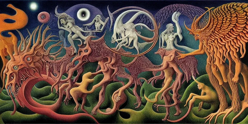 Image similar to mythical creatures and monsters in the visceral heart imaginal realm of the collective unconscious, in a dark surreal painting by johfra, mc escher and ronny khalil