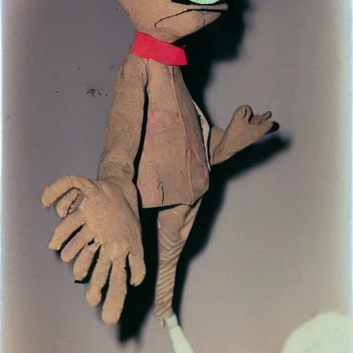 Prompt: a cute puppet made of fingers and hands, old photo, expired color film, damaged photo, 1975