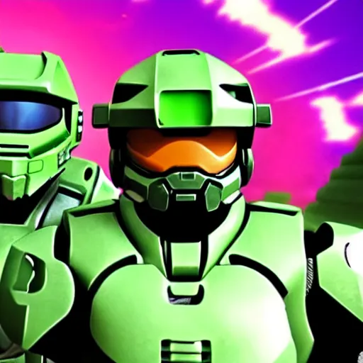 Image similar to master chief and kirby in an epic showdown