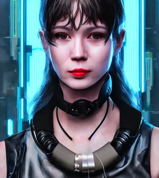 Image similar to detailed realistic female character cyberpunk wearing thick technological collar around neck, realistic, art, beautiful, 4K, collar, choker, collar around neck, punk, artstation, detailed, female, woman, choker, cyberpunk, neon, punk, collar, choker, collar around neck, thick collar, tight around neck, punk,