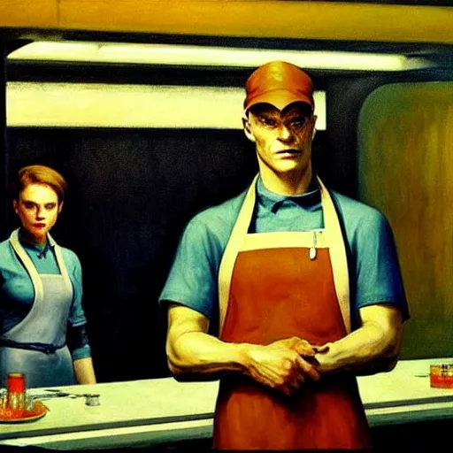 Image similar to the engineer from the movie prometheus, wearing a soiled apron, service shirt order foor in a cyberpunk diner, art by edward hopper, high quality film stock, noir lighting