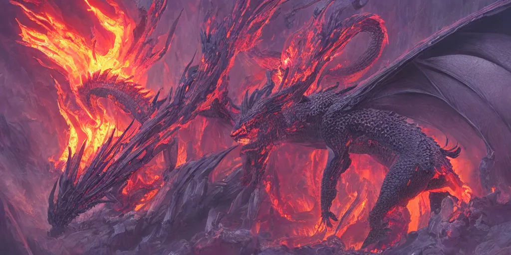 Image similar to Dragon made out of molten lava, character design sheet, Monster Hunter Illustrations art book, fumes, bright purple electricity aura, smoke, ashes, bright fire eyes, Moebius, Greg Rutkowski, Zabrocki, Karlkka, Jayison Devadas, Phuoc Quan, trending on Artstation, 8K, ultra wide angle, zenith view, pincushion lens effect.