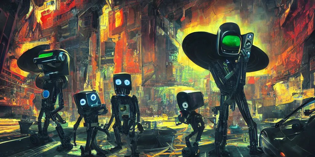 Image similar to subterranean homesick alien, radiohead robots fighting the karma police, paranoid android made of stereo components and speakers, highly stylized, ultra detailed oil painting in the style of frank miller, photorealistic illustration, octane render, 8 k resolution,