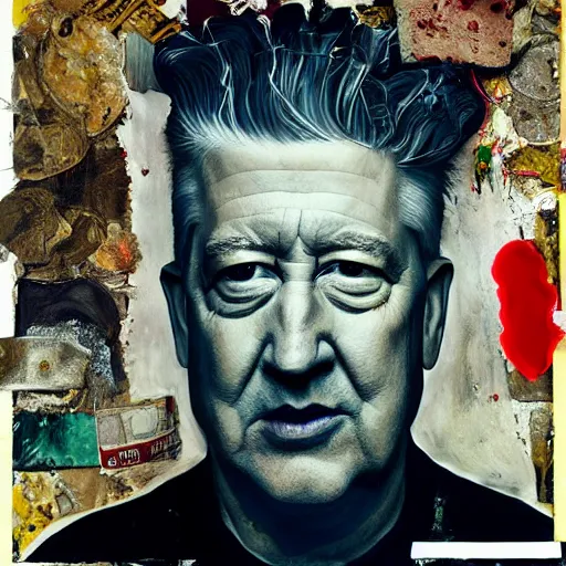 Image similar to hyperrealistic, photorealistic, mixed media oil painting of david lynch in 2 0 2 2, magazine scraps, plaster, blood, oil, mustard, cigarettes, splatter, greg rutkowski, basquiat, ralph steadman, terry gilliam