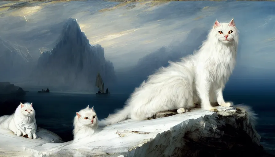 Prompt: highly detailed painting of white giant griffon cat seals on a blue and white iceberg by william turner, by greg rutkowski, by william constable, thick brush strokes and visible paint layers, 4 k resolution