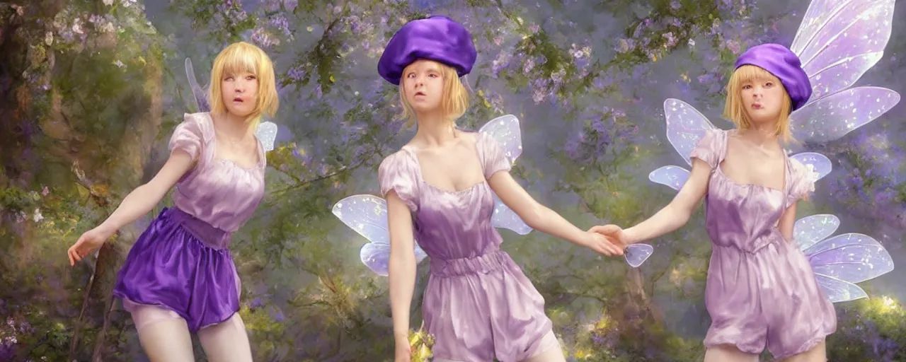 Prompt: Full View of a mysterious fairy maidens with short blond hair wearing an oversized purple Beret, Baggy Purple overall shorts, Short Puffy pants made of silk, silk shoes, a big billowy scarf, Golden Ribbons, white leggings Covered in stars. Short Hair. peasant magic. masterpiece 4k digital illustration by Ruan Jia and Mandy Jurgens and Artgerm and greg rutkowski , award winning, Artstation, art nouveau aesthetic, Alphonse Mucha background, intricate details, realistic, panoramic view, Hyperdetailed, 8k resolution, intricate art nouveau, smooth, sharp focus