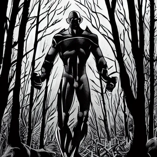 Prompt: A 15 foot tall, muscular bald hairless pale humanoid with a perfectly symmetrical face, dressed in black body armour, in the background is a dense and foggy forest of trees. Black and white colour, high contrast, comic book,