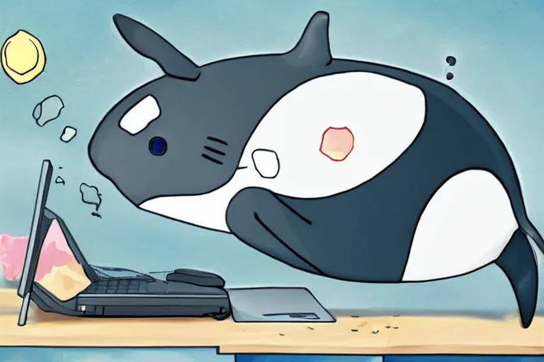 Image similar to anime whale using a computer, anime cute whale