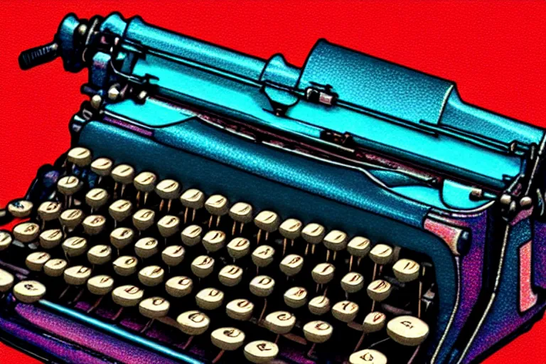 Image similar to typewriters!, in the style of john avon and raul urias and eva widermann, trending on artstation, halfrear lighting closeup view anaglyph filter, bokeh, anime, colored pencil art, belle epoque