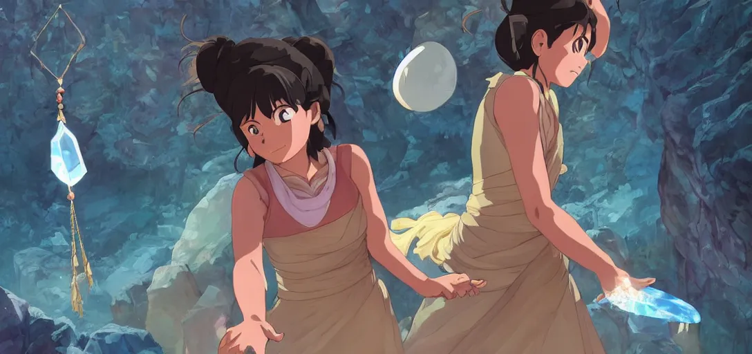 Image similar to Full body portrait of a Himalayan woman in a sleeveless dress, casting a spell on a giant crystal in a cave, detailed, artstation, by Kyoto Animation and Studio Ghibli, by Makoto Shinkai and Ilya Kuvshinov