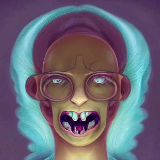 Prompt: a drawing of a woman with a creepy face, a sinister demonic mouth opening from forehead, a character portrait by lois van baarle, trending on deviantart, pop surrealism, grotesque, trypophobia, cosmic horror