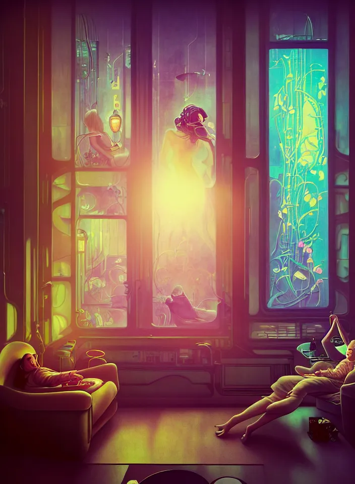 Image similar to telephoto 7 0 mm f / 2. 8 iso 2 0 0 photograph depicting the feeling of chrysalism in a cosy safe cluttered french sci - fi ( ( art nouveau ) ) cyberpunk apartment in a pastel dreamstate art cinema style. ( person relaxing living room near ) ( ( fish tank ) ), ambient light.