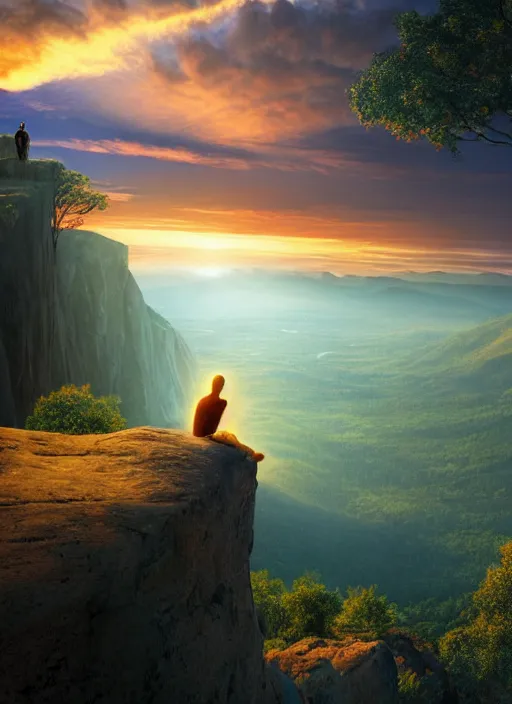 Image similar to an shaman sitting at the top of a cliff, looking down at the valley, doing a vision quest, beautiful sunset, matte painting