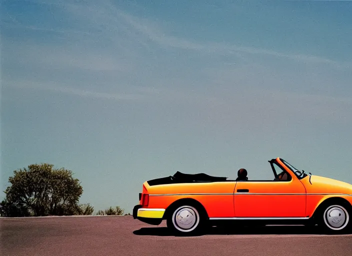 Prompt: retro color photo of a volkswagen cabriolet the 8 0's. gradient sky in the background