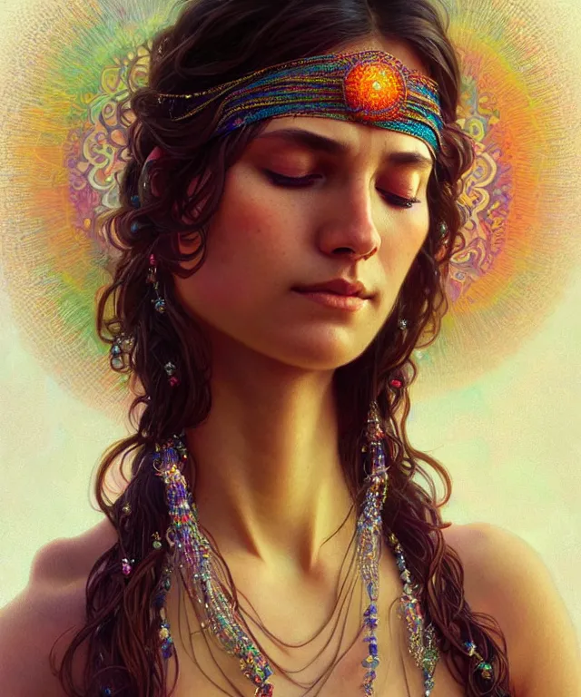 Prompt: a meditating new age hippie with beads and crystals, portrait, intricate, elegant, highly detailed, digital painting, artstation, concept art, smooth, sharp focus, illustration, art by artgerm and greg rutkowski and alphonse mucha