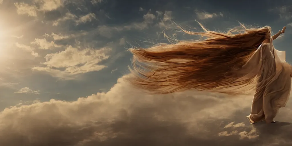 Prompt: realistic scene of 1 mysterious woman in silky clothes with long golden hair walking on a clouds trying to touch the sun, detailed, 1 4 5 0, delicate, hyper realism, ultra realistic, 8 k