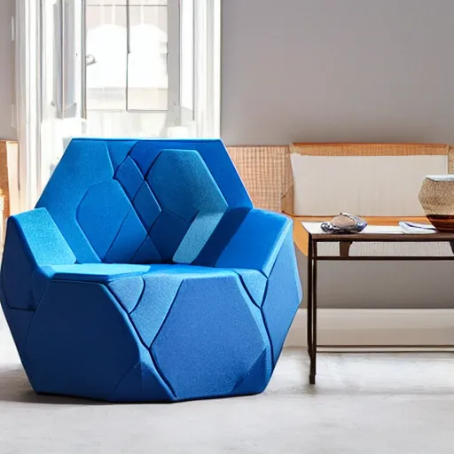 Image similar to a hoovering blue hexagonal armchair